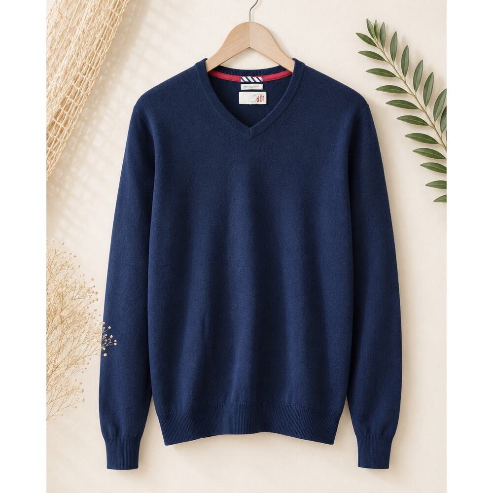 1901 Men's V Neck Cashmere Wool Pullover Sweater Long Sleeve Navy Blue Size L
